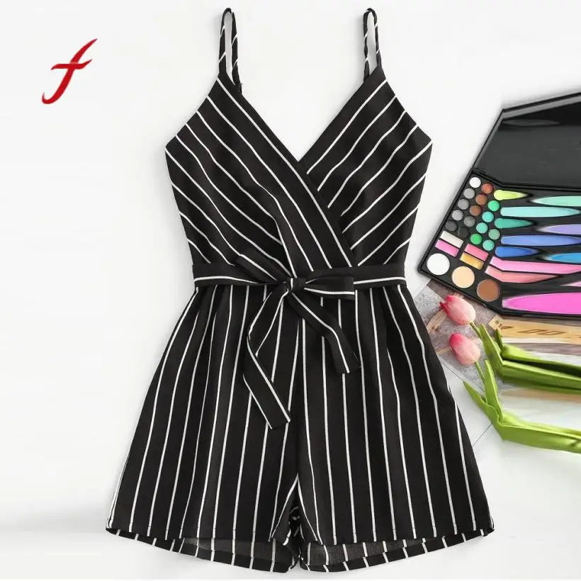 

Feitong Rompers Jumpsuit Womens V-Neck Sleeveless Strappy Holiday Short Playsuits Striped Cami Belt Romper Jumpsuit