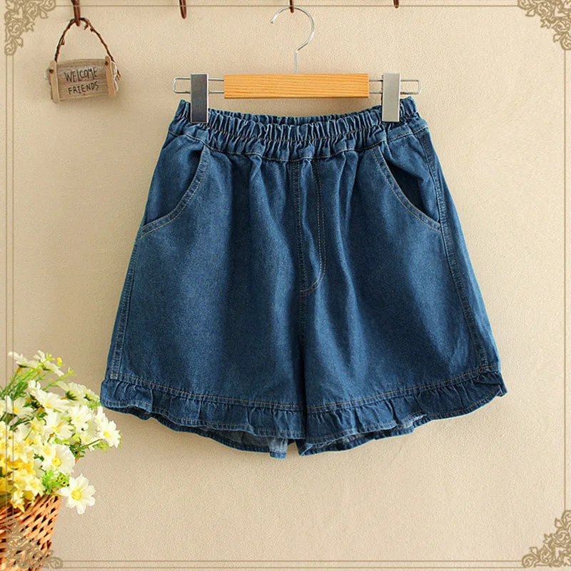 

Mori Girl Summer Casual Sweet Cowboy Shorts Women Solid Denim Ruffles Pocket Elastic Waist Cotton Cowboy Female Mini Shorts U267