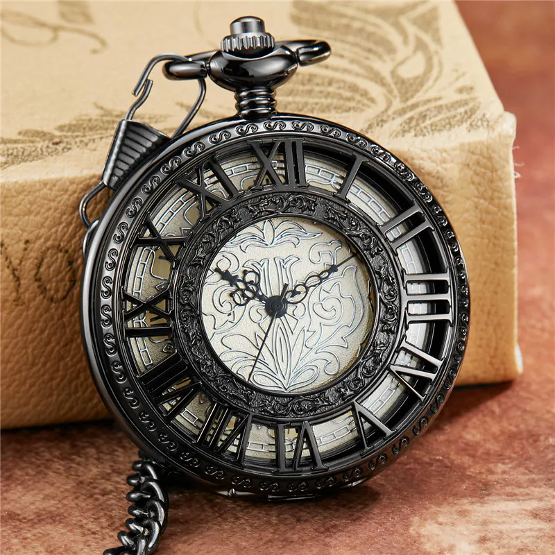 Relógio de Bolso Romanos dos Homens Retro Esqueleto Steampunk Design Pattern Fob Cadeia Algarismos Vento Mão Mecânica Relógio Masculino Oco