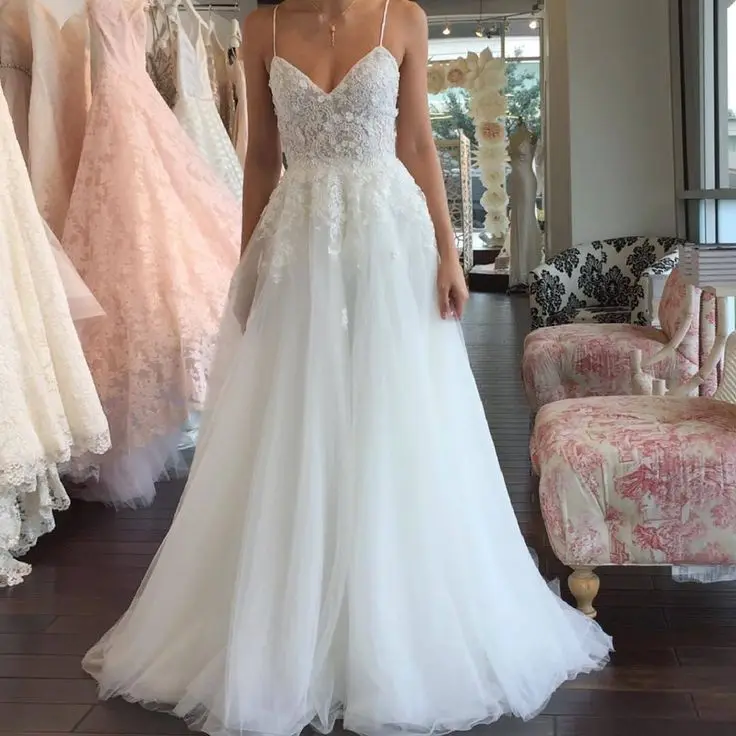 2019 New Cheap Wedding Dress Spaghetti Straps V neck Lace ...