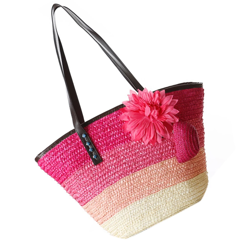 Knitted Straw bag Summer flower Bohemian womens handbags color stripes shoulder bags beach bag big tote