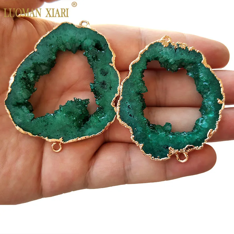 

Wholesale Natural Unique Green 2 Circle Connection Drusy Crystal Stone Pendant Irregular Geode DIY Necklace For Jewelry Making