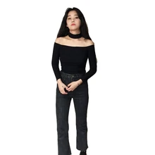 Новая весенняя универсальная Сексуальная футболка без бретелек с длинным рукавом, свитер, тонкая куртка на плечо, рубашка с вырезом, однотонная хлопковая рубашка