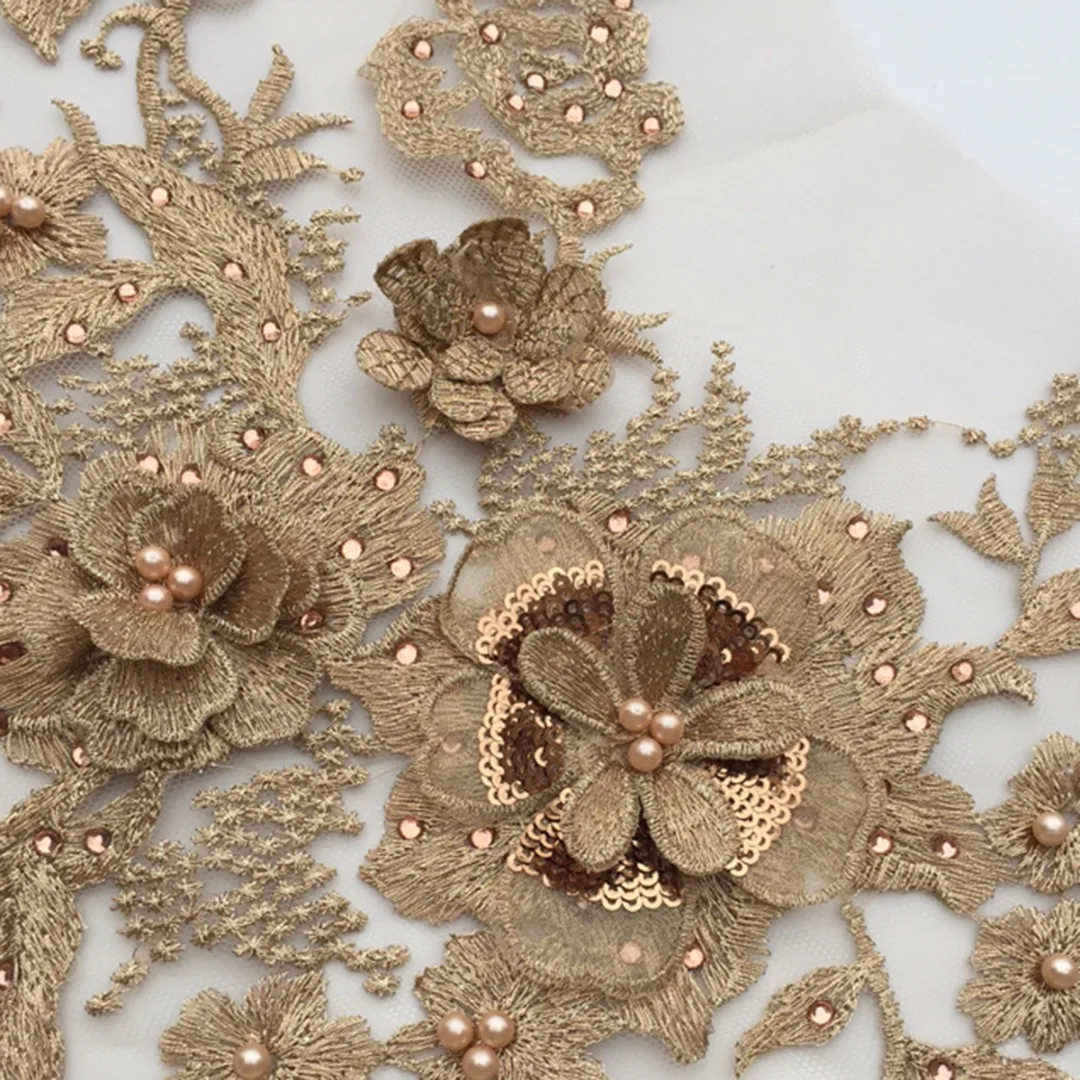 Pearl Beaded 3D Flowers Lace Applique Wedding Dress Decoration Floral Patch