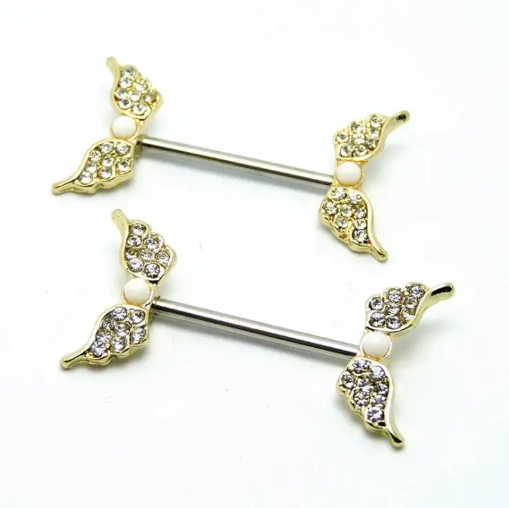 

New Year Hot 2Pcs Opal Dangle Nipple Piercing 16G Gold Wings Nipple Piercings Dangle Body Jewelry Nipple Pirsing Christmas Gift