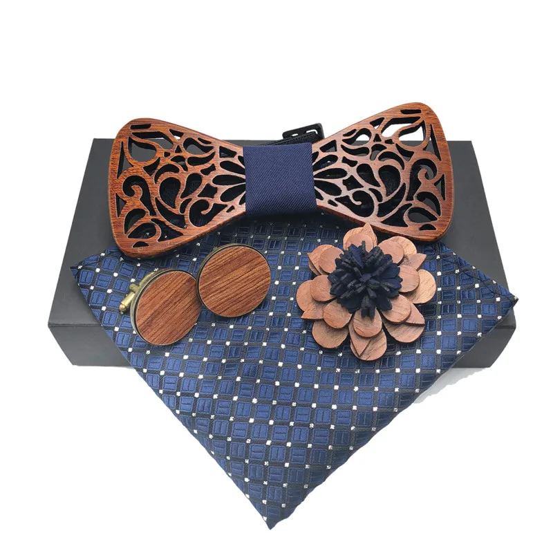  Wooden Bow Tie Handkerchief Set Men's Plaid Bowtie Wood Hollow carved cut Pocket square wooden Broo