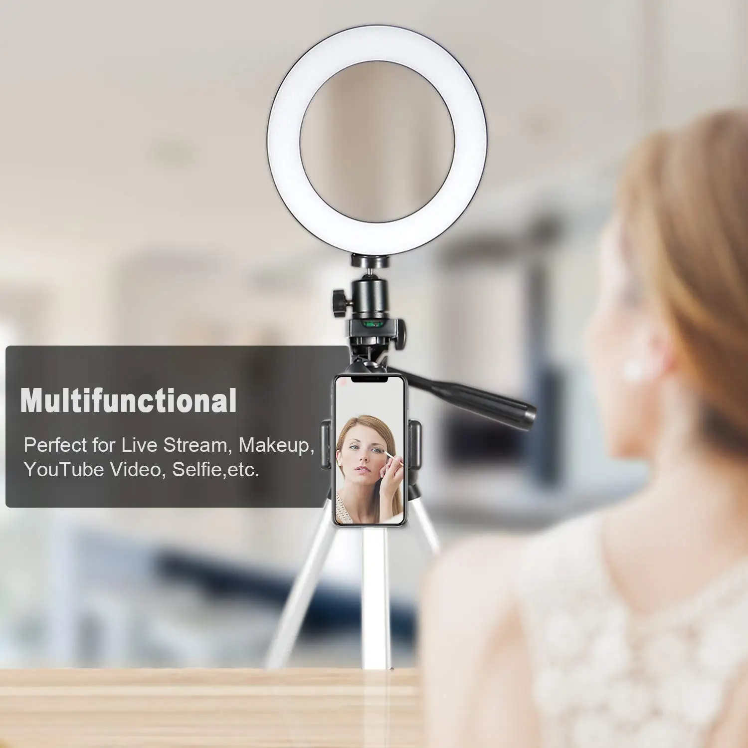 Photography Phone Holder Tripod Stand with LED Selfie Ring Light Dimmable Makeup Lamp for iPhone Sa