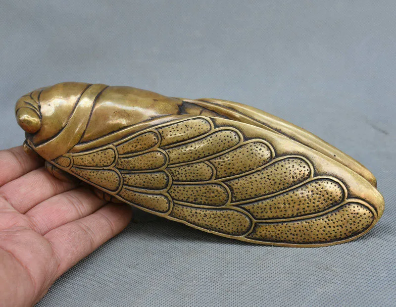 

8" China Feng Shui Pure Bronze Auspicious Wealth Cicada Cicadas Statue Sculpture