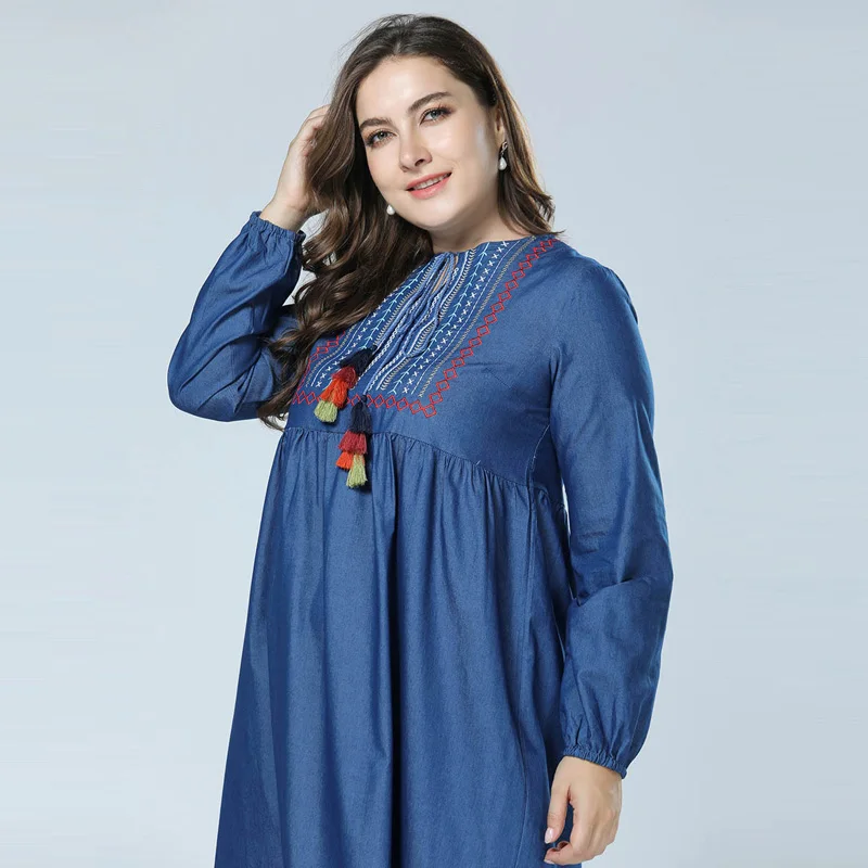 2018 New Autumn Embroidery Denim Fabric Abaya Muslim Jean Dress Moroccan dubai Kaftan islamic clothing Plus Size Blue Vestidos
