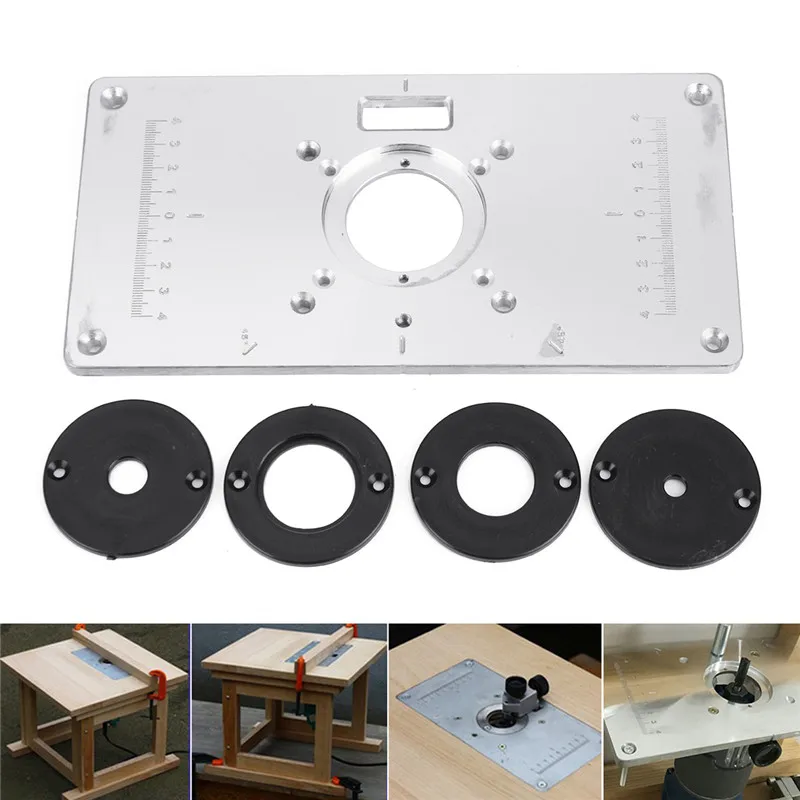 

New Aluminum Metal Router Table Insert Plate +4pcs Rings For DIY Woodworking Tool Wood Router Trimmer Model Engrave Machine