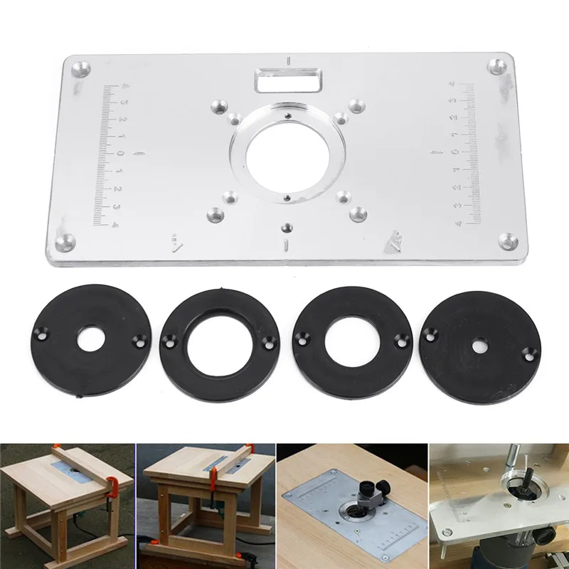 Новый Алюминий металла таблице маршрутизатора вставить пластины + 4 шт. Кольца для DIY деревообрабатывающей инструмент