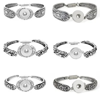 

12pcs/lot Mix Styles Fashion Tibetan Vintage Metal Diy 18mm Snap Button Bracelet Bangle With Magenetic Clasp For Women