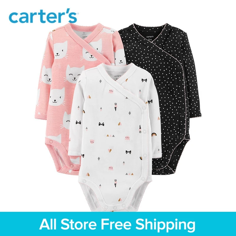 3Pcs Side-Snap Cute Cat Print Polka Dot Print Baby Bodysuits Long Sleeve Body For Newborns Carters Child Girl Clothes 126H437 cactus print contrast sleeve hoodie