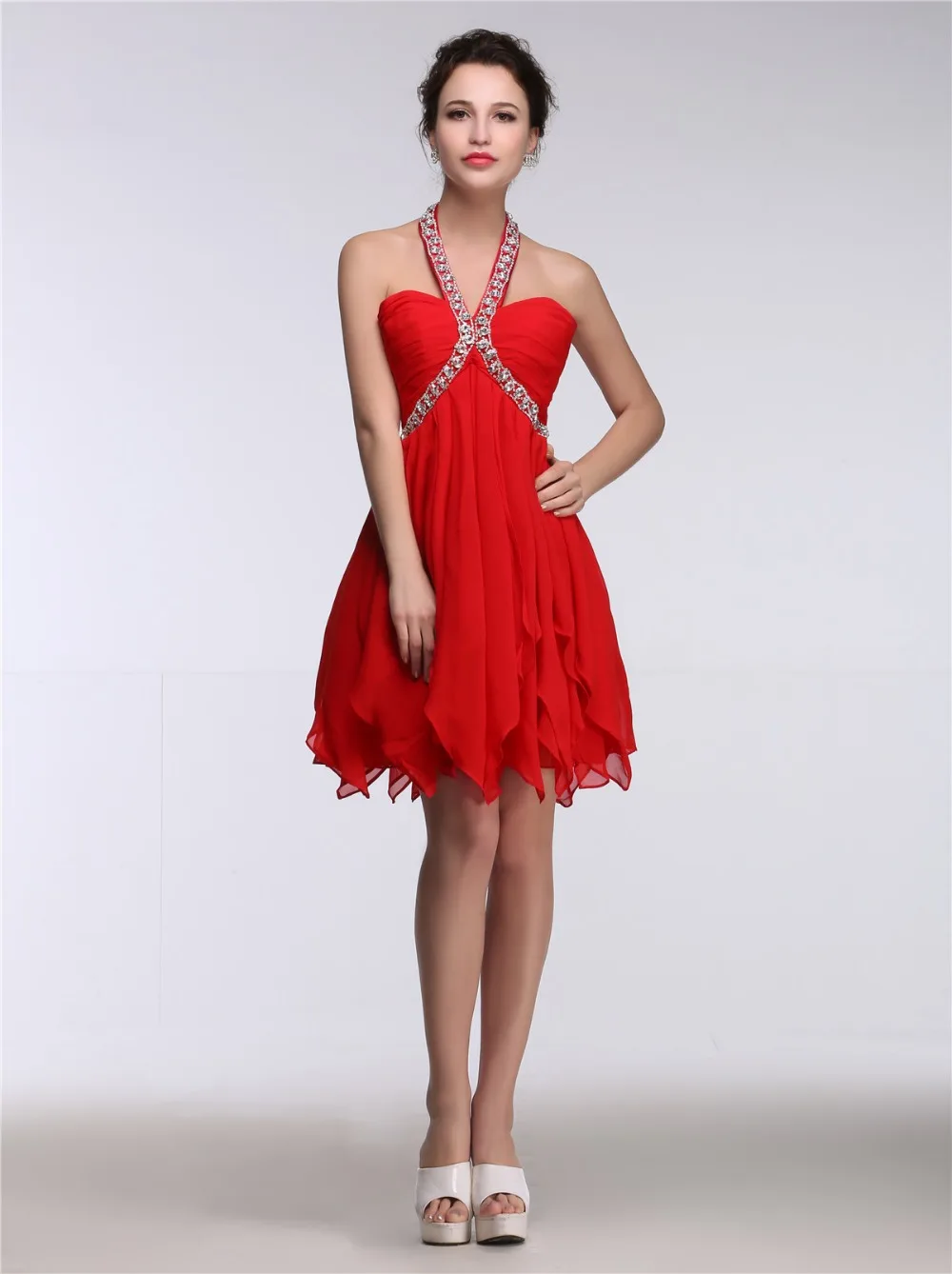 Red Vintage Sexy Backless Chiffon A-line Prom Dress 2015 Real Photos Cheap Ever Pretty Natural Sleeveless Vestidos De Noche | Свадьбы и
