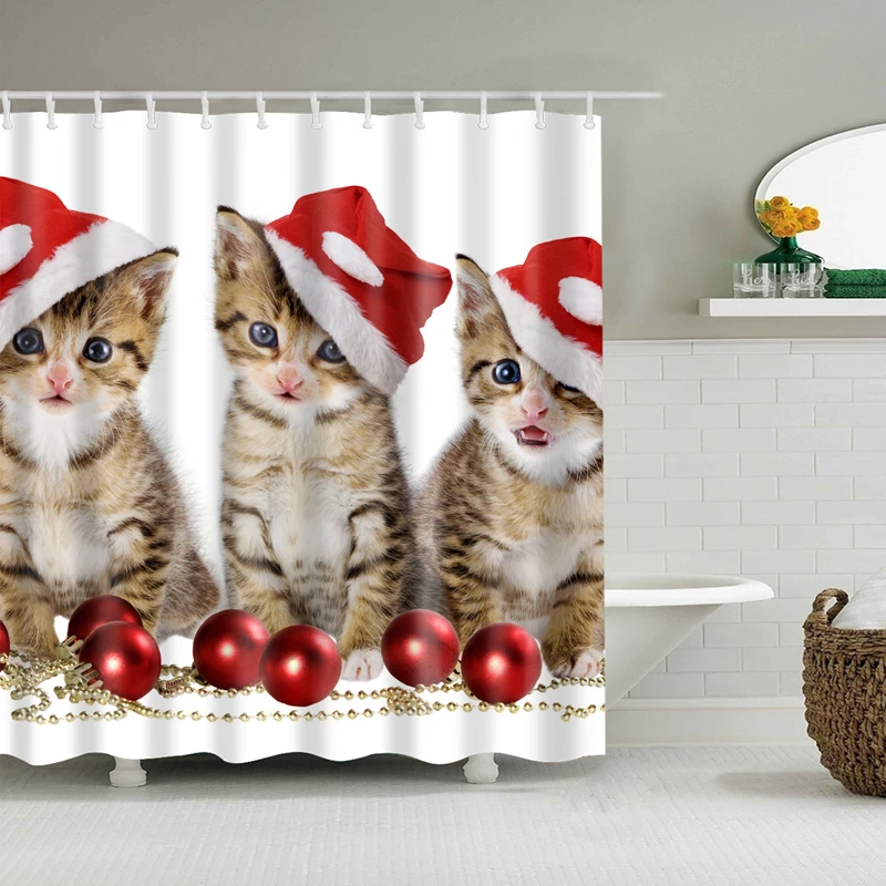 Christmas Santa Claus Cat Polyester Fabric Shower Curtain Decor Modern