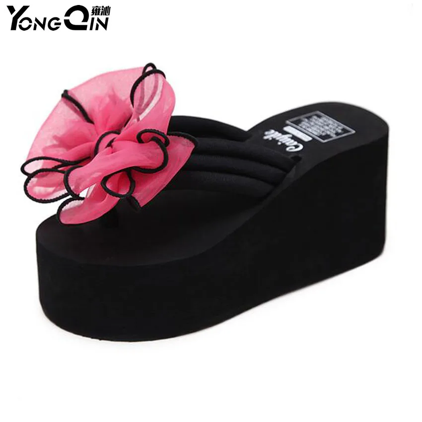 

Summer bow flip flops female non-slip platform high-heeled shoes sandals fashion slippers