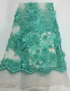 

2017 african lace fabric green wedding high quality african tulle lace fabric beaded 3 d flowers embroidered tulle lace fabric