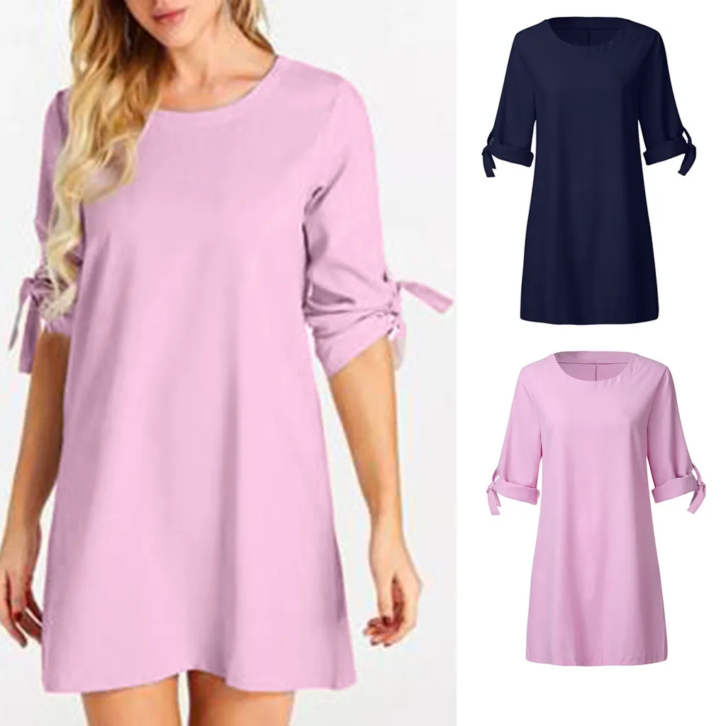

Fashsiualy 2019 Ladies' Solid Summer Fashion Short Dress Round Neck Temperament Solid Color A-Line Dress