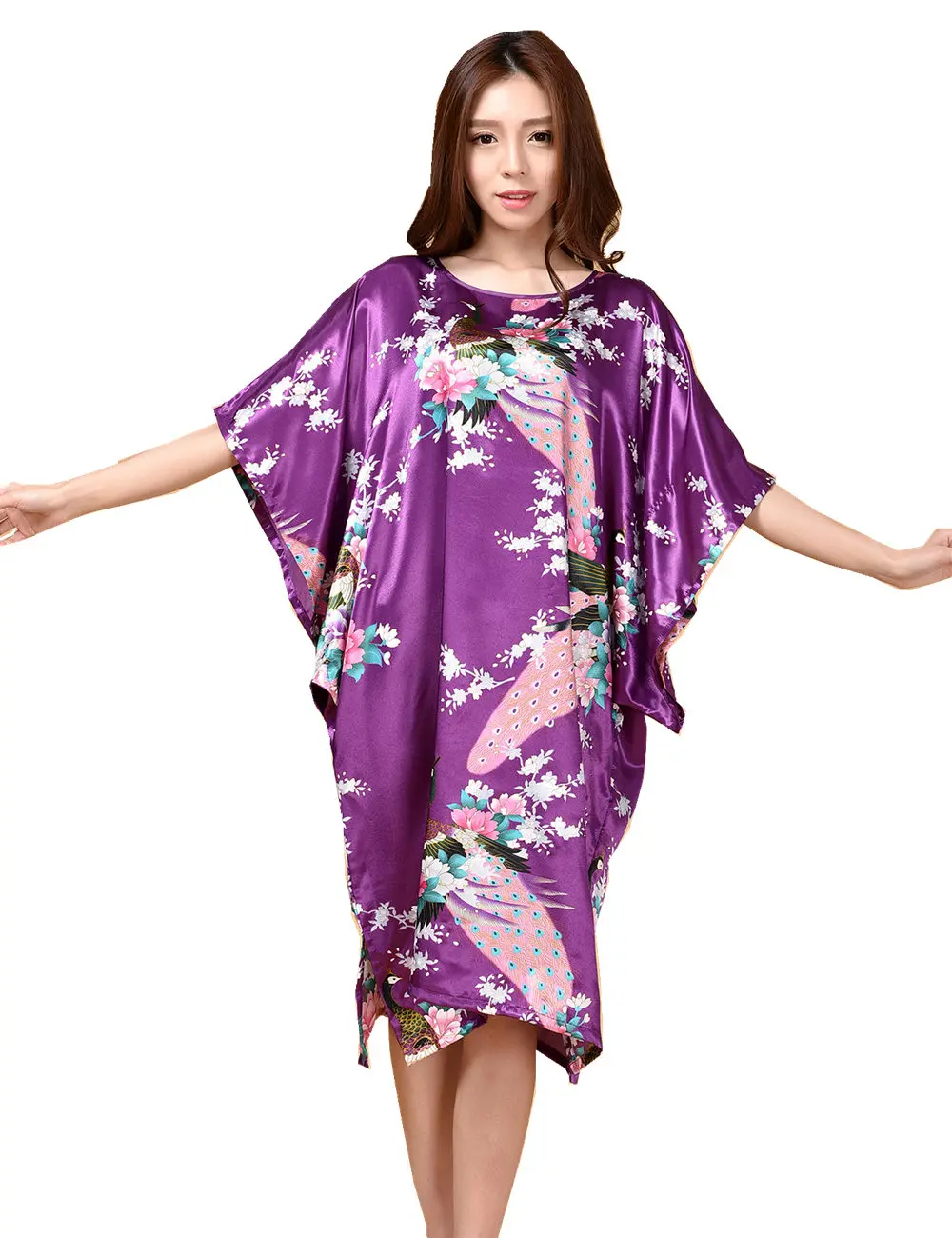 Фиолетовый Для женщин из искусственного шелка халат Мода новых китайских Стиль летние пижамы Ванна платье Ночная рубашка Mujer Pijama один