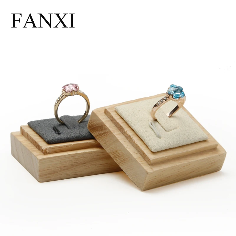 FANXI Solid Wood Creamy-white&Gray Single Ring Display Stand with Microfiber for Jewelry Shop Exhibition Ring Display Holder Jewelry Packaging
