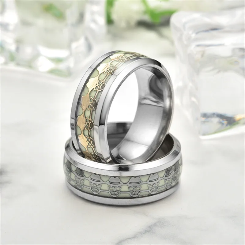 Modyle Green Glow in the Dark Stainless Steel Skeleton Wedding Band Luminous Ring for Woman Man