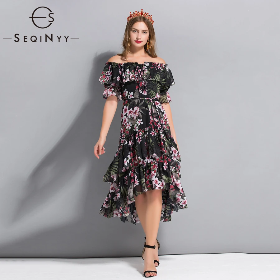 

SEQINYY Chiffon Dress Printed Flowers 2018 Summer New Women's Fashion Runway Slash Neck Lotus Leaf Elegant Dovetail Dress