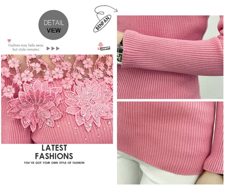 Autumn Winter Sweater Women 2019 Flower Lace Jumper Pull Femm Pink Knitted Sweater Casual Turtleneck Long Sleeve Sueter Mujer (14)