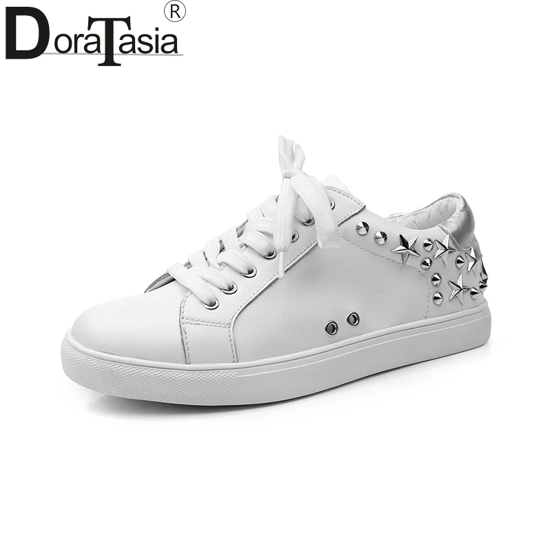 

DoraTasia wholesale brand design genuine leather punk style rivets sneakers women shoes fashion woman shoes white girls flats