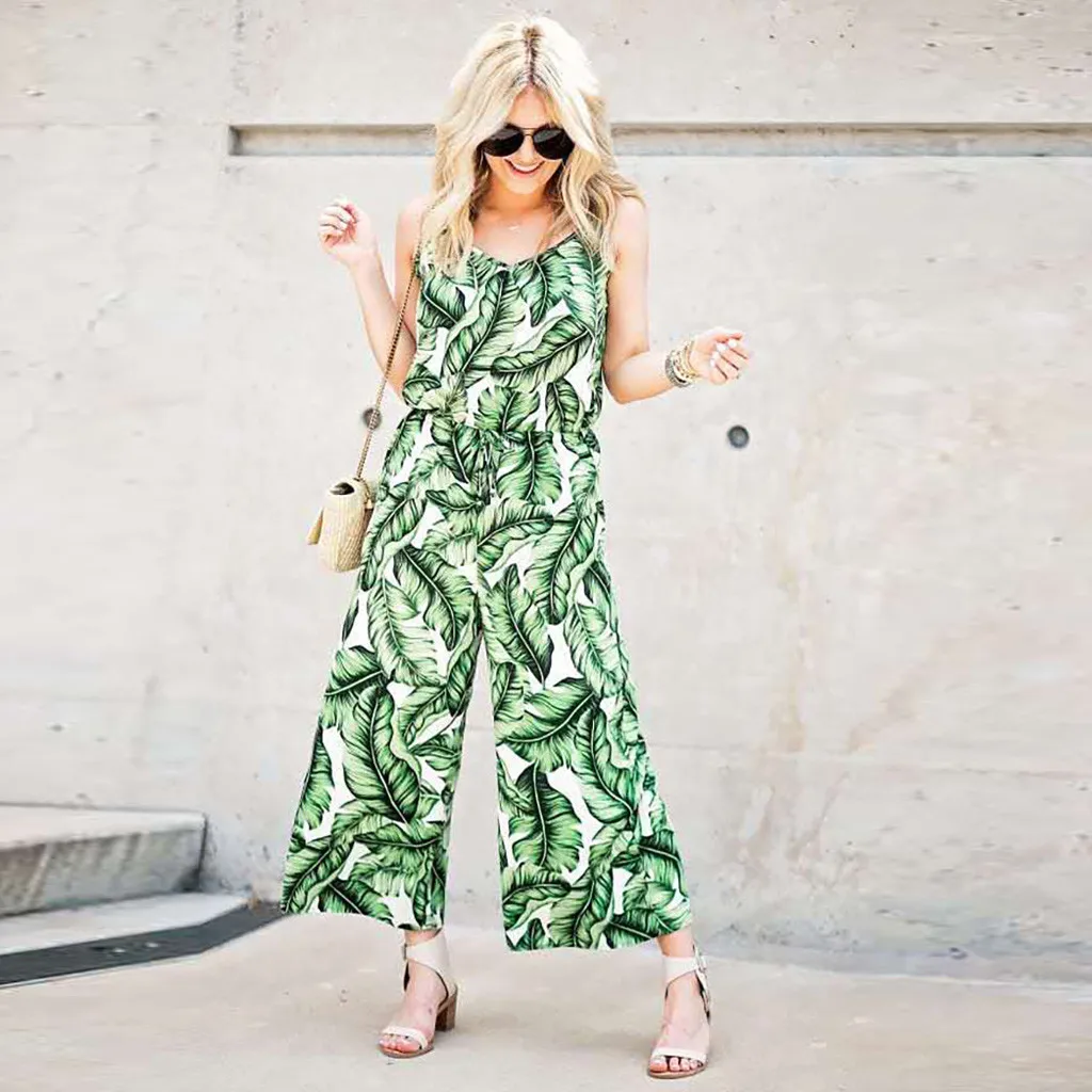 

Sleeveless Tropical Leaf Printed Jumpsuit Women summer Casual Sparkly Green Loose Rompers Playsuit Wide Leg Pants