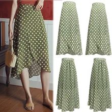 Шифоновая юбка в горошек с асимметричным подолом, летние женские юбки в горошек с высокой талией, Тонкая Повседневная пляжная юбка, Прямая