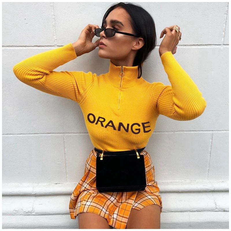 

Orange Turtleneck Sweater Women Autumn Casual Thin Pullover Boho High Fashion Sexy Letter Jumper Pull Femme Tee Winter Basic Top