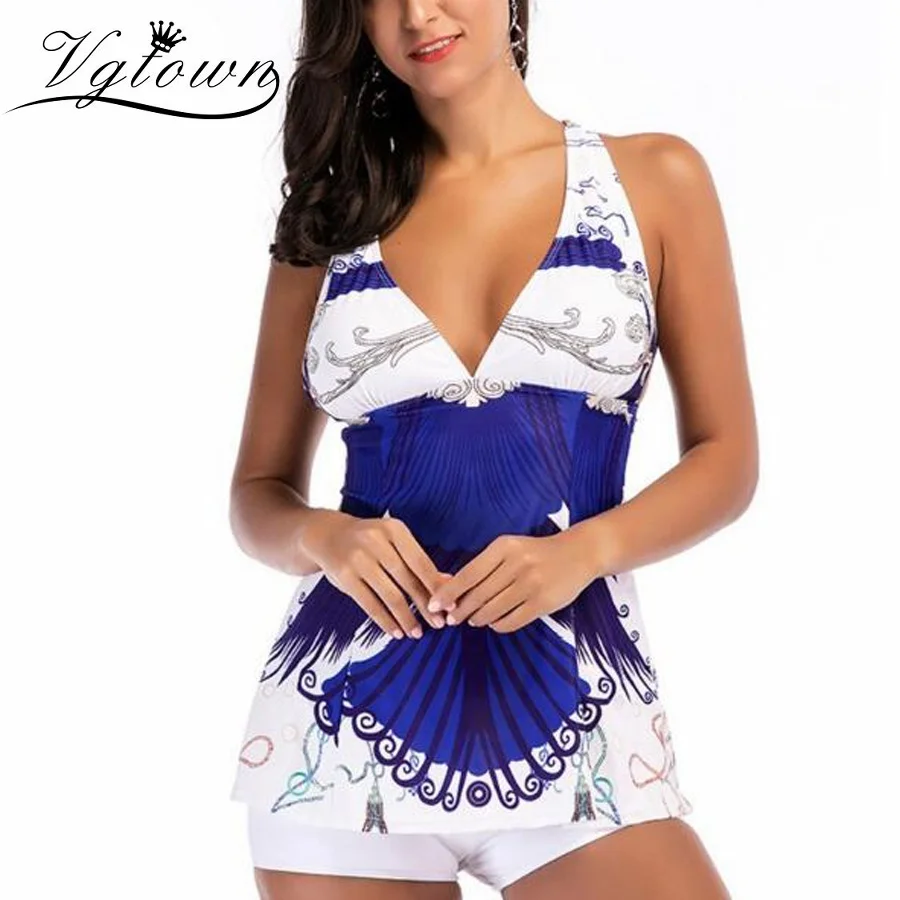 VGTOWN размера плюс 5XL танкини купальник женский двухсекционный костюм с принтом Двухсекционный купальник с шортами Большой размер Пляжная одежда купальный костюм