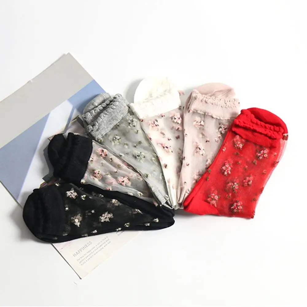 Fashion Elastic Socks Crystal Glass Silk Ultrathin Lace Literary Sale 1 Pair Summer Transparent Jacquard Short Socks