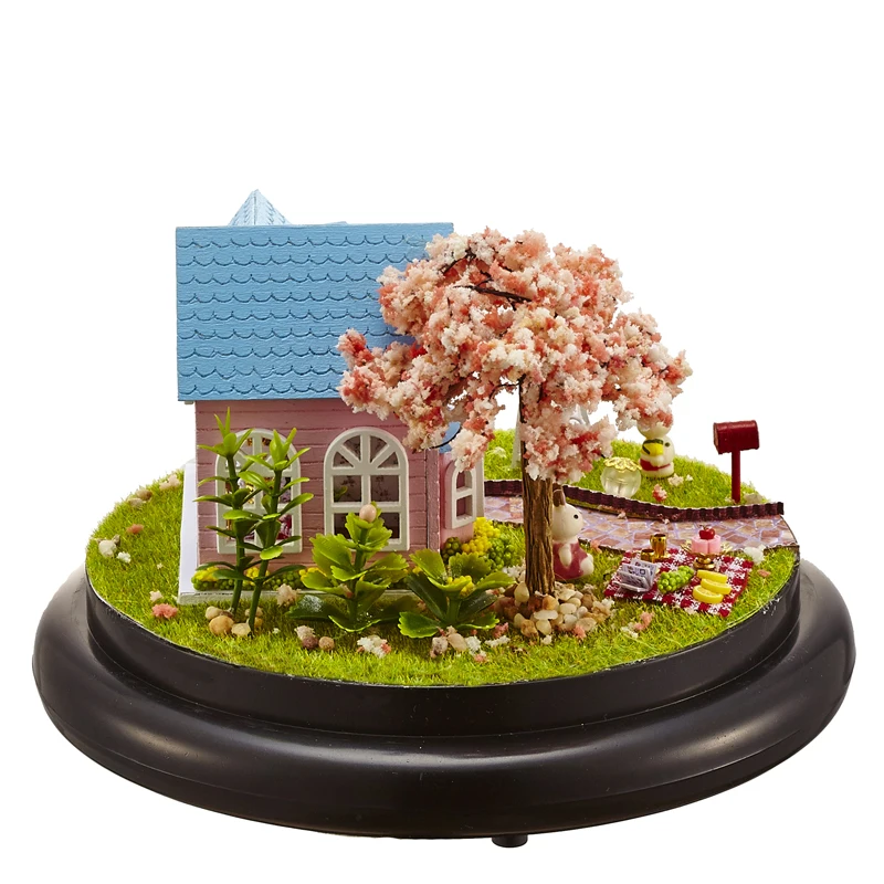 

Delicate Cartoon Castle DIY Music box With Glass Cover Assembled Puzzle Toy Birthday Gift Beautiful Garden Figurines Artware