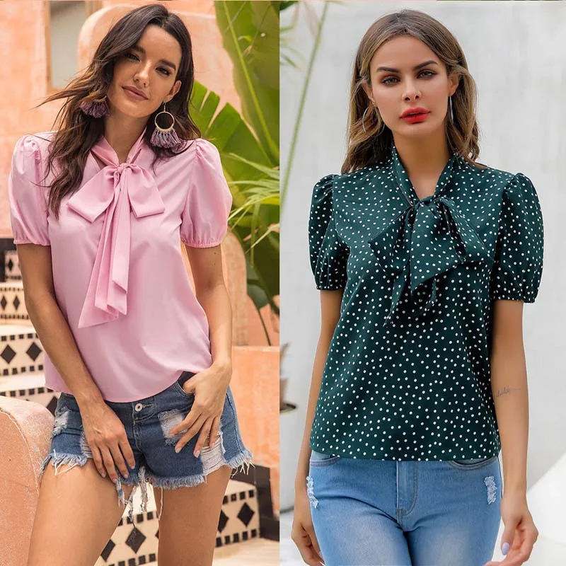 

WHZHM Summer Short Puff Sleeve Blouse and Tops Women Casual Green Elegant Party Bow Lacing Polka Dot Chiffon Pink Shirt Ladies