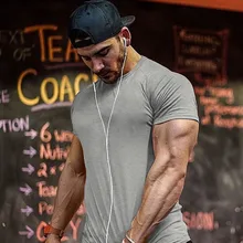 Твердые фитнес Рашгард мужчины o-образным вырезом Спортивная рубашка тренировочные колготки хлопок мышцы короткий рукав спортивная футболка