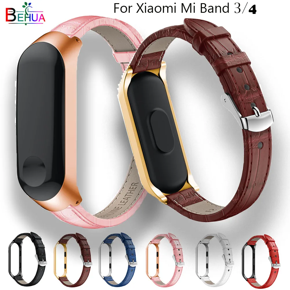 Роскошный кожаный качественный ремешок для часов для Xiaomi band 3, сменный Браслет для MIband 4, умные Ремешки для наручных часов+ металлический корпус, Новинка