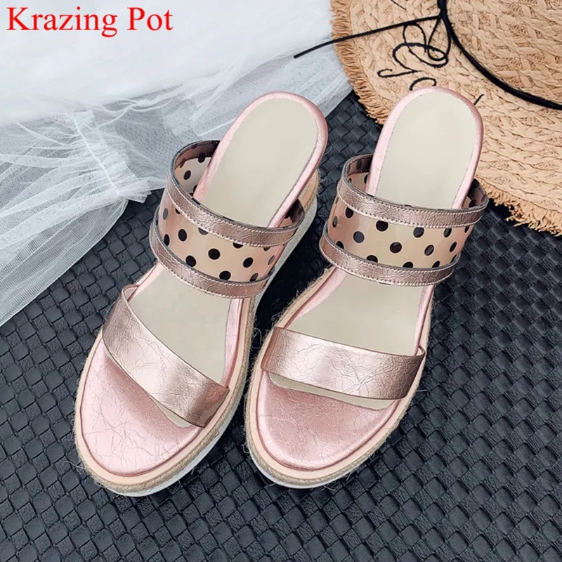 

Krazing pot polka dot sheepskin peep toe slip on high heels mules mature office lady sandals platform concise summer shoes L40