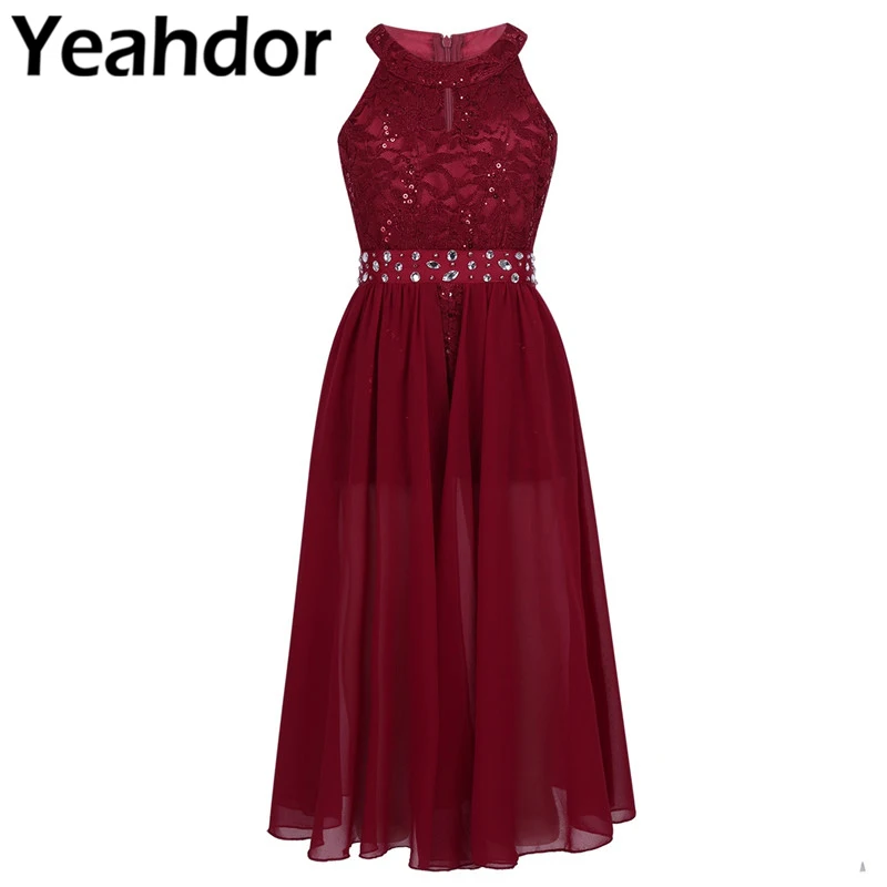 

Girls Round Neck Floral Lace Rhinestone Chiffon Maxi Romper Dress Flower Girl Dresses for Wedding Party Formal Prom Vestidos