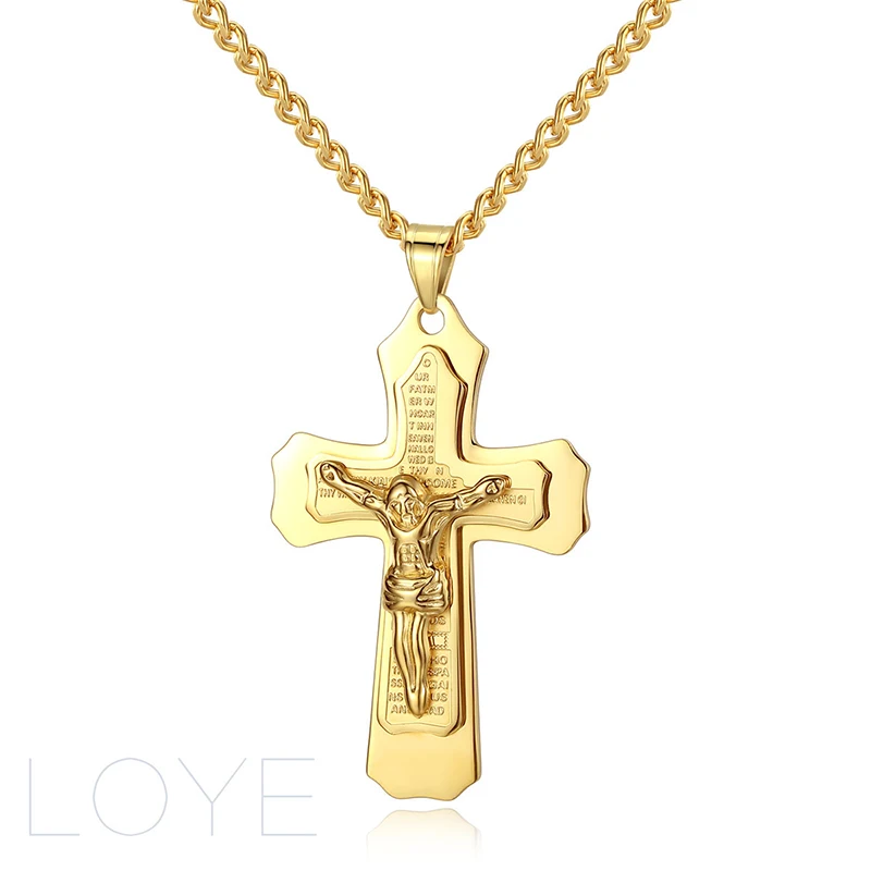 Висячие христианские Иисус крест кулон ожерелье из нержавеющей стали звено цепи золотой цвет ожерелье для мужчин