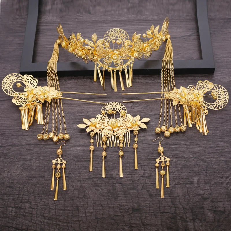Китайский древний Золотой показ феникс корона Классическая Свадебная расческа для волос для невесты украшение для волос