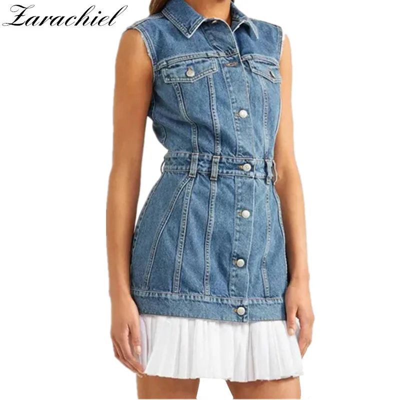 

New Fashion 2019 Summer Sexy Sleeveless Denim Dress Casual Single-Breasted Chiffon Patchwork Pleated Dress Women Tank Jean Dress