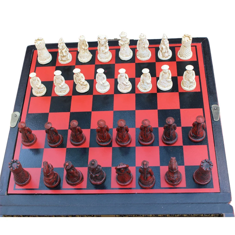 New Antique Chess Set of Chess Wooden Coffee Table Antique Miniature Chess Board Chess Piece Move Box Set Retro Style Board game