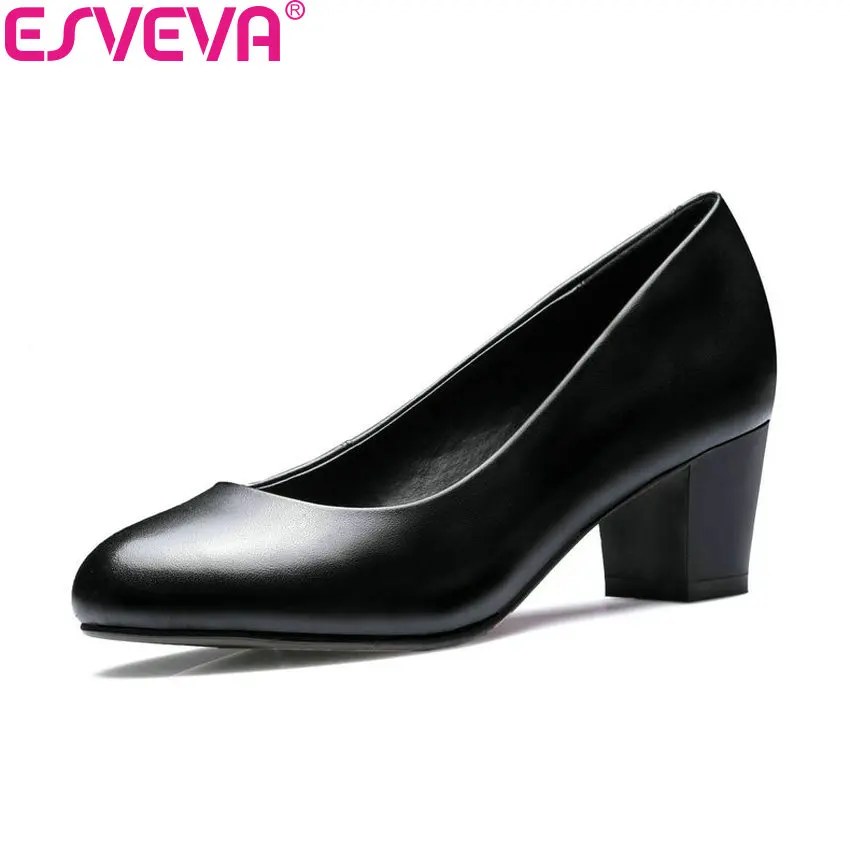

ESVEVA 2020 Women Pumps Shoes Black Round Toe PU+Cow Leather Work Shoes Women Square Med Heel Slip on OL Ladies Shoes Size 34-42
