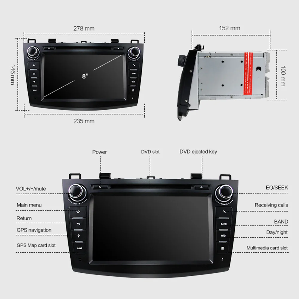 Excellent Eunavi 8" HD Screen 2 din Android 9.0 Quad Core Car DVD Player for 2010 2011 2012 2013 MAZDA 3 stereo radio GPS Navigation wifi 2