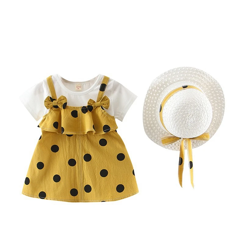 

2Pcs Baby Girls Dress Sets Kids Polka Dot Pattern Short Sleeve Dresses Casual Sundress With Hat