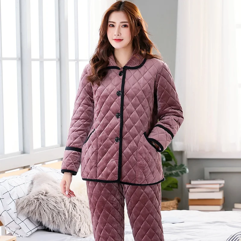 Winter 3 layers quilted pajamas set women long sleeve thick quilted jacket + pants coral velvet
