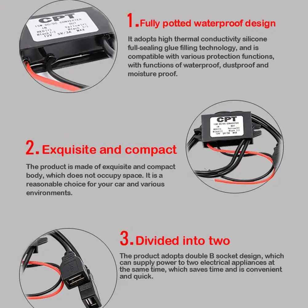 DC-DC преобразователя постоянного тока 12 В до 5 В пост 3A 15 Вт двойной USB кабель для зарядки для ступенчатого понижения Мощность выходной адаптер автомобиля для выращивания растений в горшках Водонепроницаемый Питание модуль