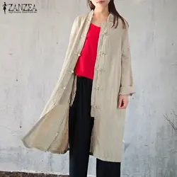 ZANZEA для женщин кардиганы для осень 2019 г. Винтаж Хлопок, воротник-стойка блузка s длинная рубашка пуговицы подпушка спереди верхняя одежда
