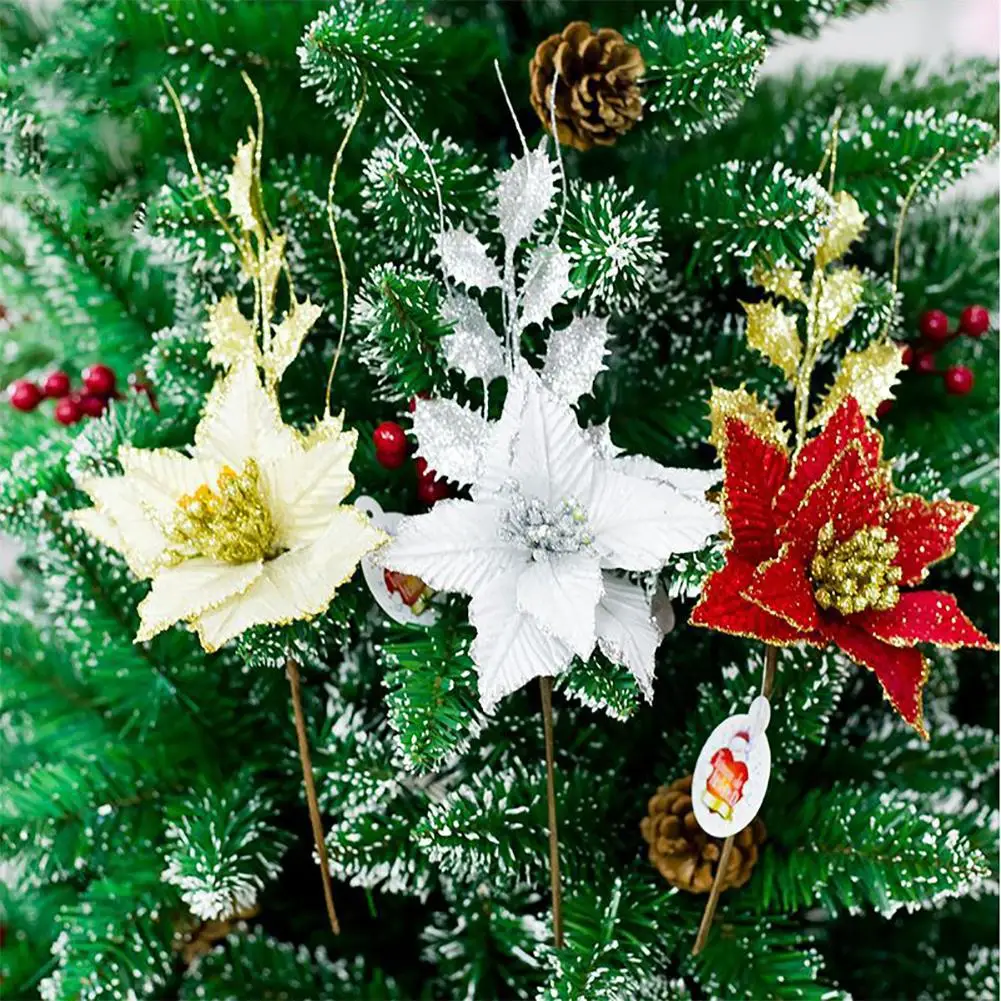 

Christmas Artificial Flower Ornament Christmas Tree Gold Silver Simulation Leaves Manual Plastic Flower Decoration